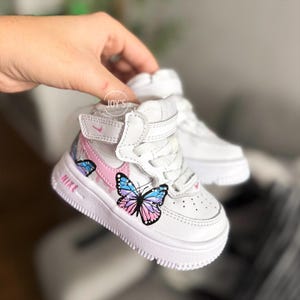 Custom Air Force 1 Butterflies Sneakers Blue and Pink Dripping, Unique Gift for Baby, Toddler, Little Kids.