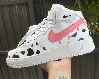Custom Air Force 1 Pink Drip Cow Print Sneakers. Low, Mid & High Tops