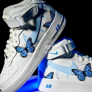 Blue Drip Butterfly Sneakers – Custom Air Force 1 Sneakers - Hand Painted Custom Shoes – Gift for Her