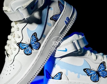 Blue Drip Butterfly Sneakers – Custom Air Force 1 Sneakers - Hand Painted Custom Shoes – Gift for Her