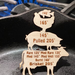 Pode incluir: Corte de madeira de uma vaca, um porco e uma galinha com diretrizes de temperatura interna para cozinhar. A vaca tem o texto "Rare 125° Med Rare 135° Med 145° Med Well 155° Burnt 160° Brisket 205°". O porco tem o texto "145° Pulled 205°". A galinha tem o texto "145° 165°".