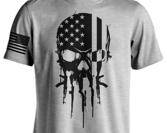 Patriotisches amerikanisches militärisches taktisches Krieger-Schädel-Kurzarm-T-Shirt US-Flagge 2. Änderung Scharfschütze USMC, Armee neu