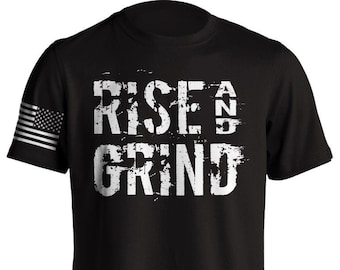 Rise and Grind MMA Fitness Bodybuilding Gym T-Shirt Military Style US Flag