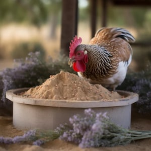 Bain de poussière de poulet aux herbes, traite et prévient les acariens, les poux, les parasites, les puces, les punaises de la poussière, les poulets heureux