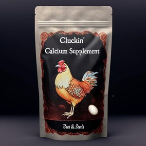 May include: A brown paper bag with a label that says "Cluckin' Calcium Supplement". The label features a cartoon rooster and a white egg. The bag is for chicken feed.