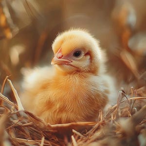 May include: A close-up of a fluffy, yellow chick nestled in a bed of brown straw. The chick has a small, red beak and dark eyes, with soft, downy feathers. The background is blurred, creating a warm, natural setting.