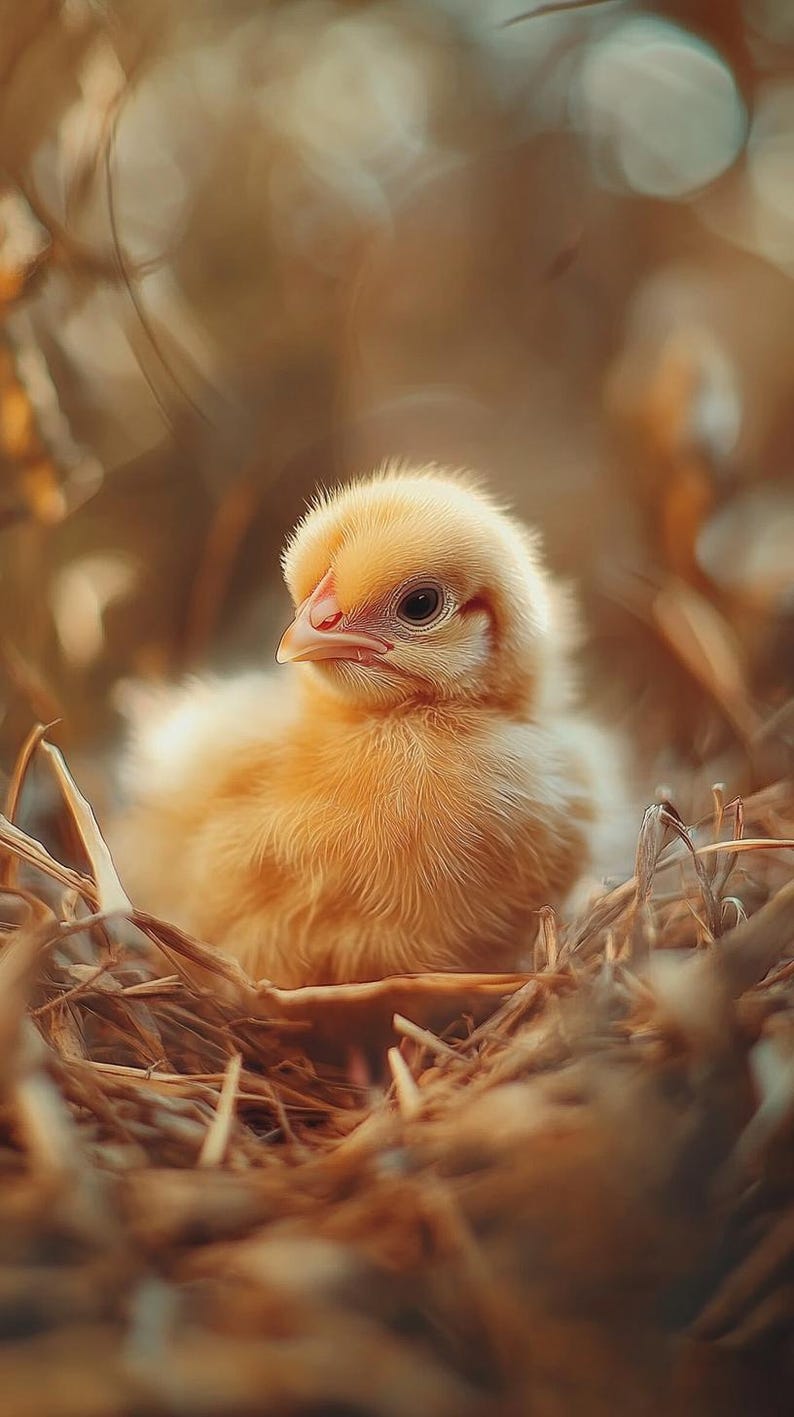 May include: A close-up of a fluffy, yellow chick nestled in a bed of brown straw. The chick has a small, red beak and dark eyes, with soft, downy feathers. The background is blurred, creating a warm, natural setting.