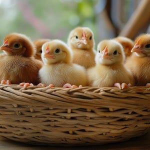 Pu&ograve; includere: Un cesto di vimini pieno di sei pulcini soffici. I pulcini sono un mix di colori gialli e marroni.