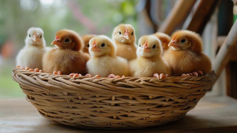 Pu&ograve; includere: Un cesto di vimini pieno di sei pulcini soffici. I pulcini sono un mix di colori gialli e marroni.