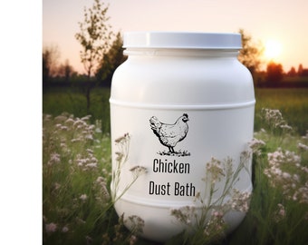 May include: A white plastic container with a black chicken illustration and the text "Chicken Dust Bath".