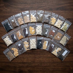 May include: A collection of thirty-two small, clear plastic resealable bags, each containing a different variety of seeds or grains. The bags are arranged in a fan-like pattern, displaying various colours including black, white, tan, and green.