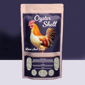 May include: A pink and blue bag of oyster shell for chickens. The bag features a rooster illustration and the text "Oyster Shell" and "Bees And Seeds". The back of the bag has a description of the product and instructions for use.
