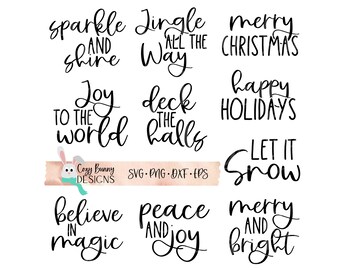 May include: A collection of black script typography designs featuring holiday phrases including sparkle and shine, Jingle all the way, merry CHRISTMAS, Joy to the world, deck the halls, happy HOLIDAYS, LET IT Snow, believe in magic, peace AND joy, and merry AND bright.