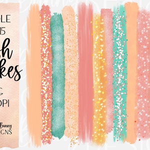 Peut inclure: Un ensemble de 15 graphismes de traits de pinceau numériques dans des couleurs pêche, rose, sarcelle et or. Les traits de pinceau sont superposés avec des paillettes et ont un aspect texturé.  "Bundle of 15 Brush Strokes PNG 300 DPI Cozy Bunny Designs" est écrit sur l'image.