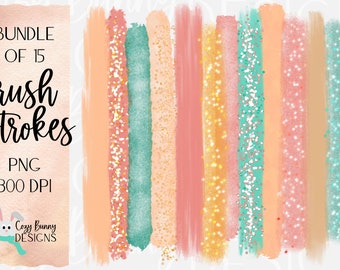 Desert Sunset Brush Strokes Clipart Bundle | Coral and Mint Green Brush Stroke Clip Art PNG | Commercial Use PNG Bundle