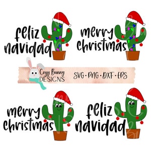 Paquete SVG de cactus de Navidad (4 diseños) - Feliz Navidad y Feliz Navidad - Paquete de archivos de corte digital para Cricut o Silhouette