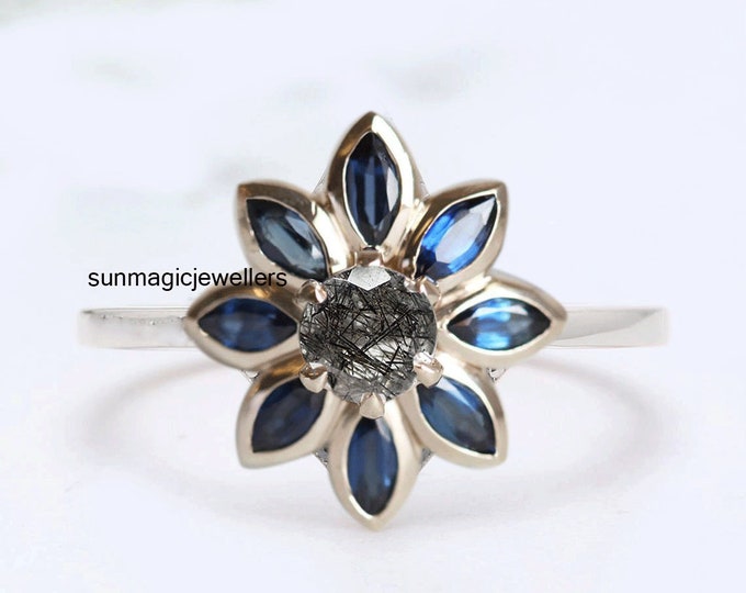 AAA quality black rutilated flower ringbohemian ringstacklable engagement ring unique design ring blue sapphire ring