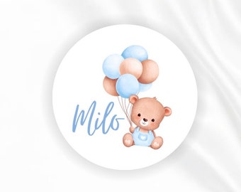 Kindergeburtstag Teddy Sticker , 24 Sticker Taufe, Gastgeschenke, Taufgeschenke, personalisierte Aufkleber, Blau Junge erster Geburtstag