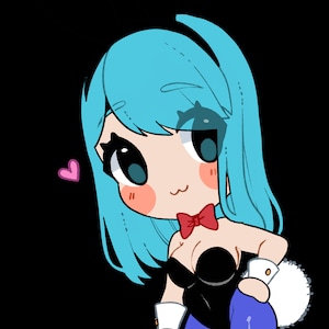 May include: A cartoon illustration of a female character with blue hair wearing a black bunny costume with a red bow tie and white cuffs. She is wearing blue tights and has a white fluffy tail.