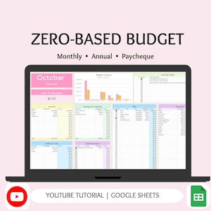Könnte beinhalten: Ein Laptop mit einer "Zero-Based Budget"-Tabelle. Der Bildschirm zeigt Diagramme und Tabellen mit Finanzdaten, und der Text "Oktober" ist sichtbar. Am unteren Bildschirmrand steht der Text "YOUTUBE TUTORIAL | GOOGLE SHEETS".