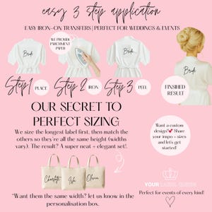 Custom wedding iron-on transfer with chic handwritten-style lettering. Easy application example with a size guide on perfect sizing.