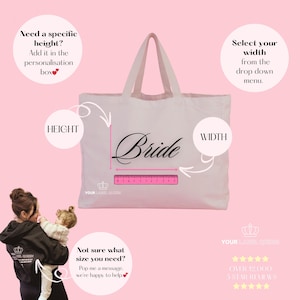 May include: A light-colored tote bag featuring the word Bride in black script. A pink ruler is positioned horizontally across the bag, showing measurements in centimeters. Text overlays provide instructions for selecting height and width dimensions.