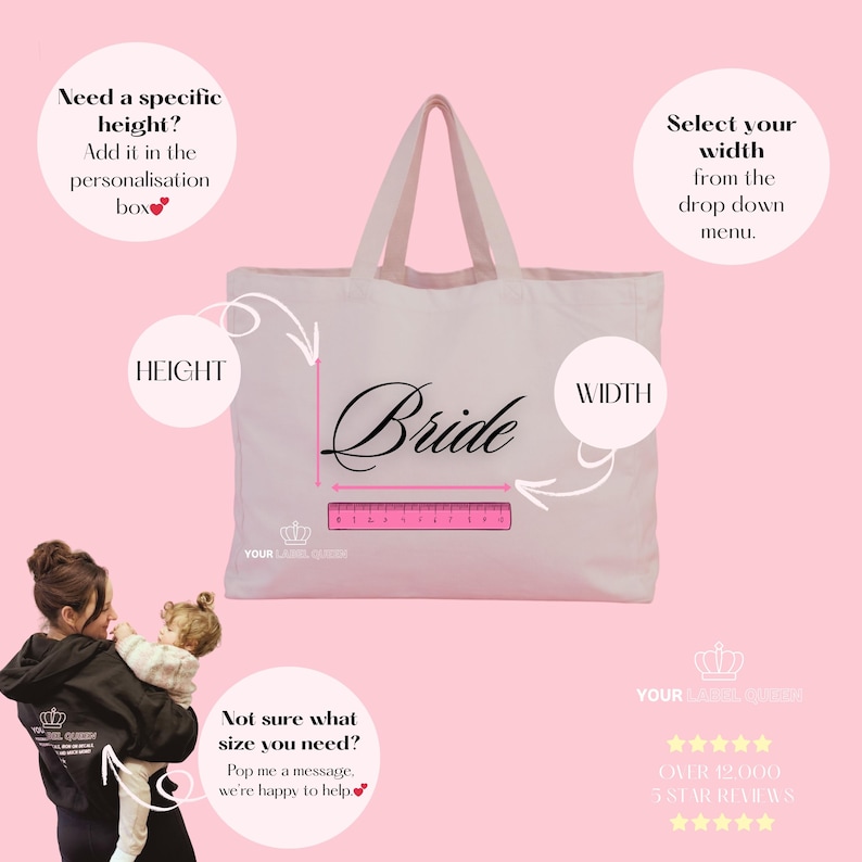 May include: A light-colored tote bag featuring the word Bride in black script. A pink ruler is positioned horizontally across the bag, showing measurements in centimeters. Text overlays provide instructions for selecting height and width dimensions.