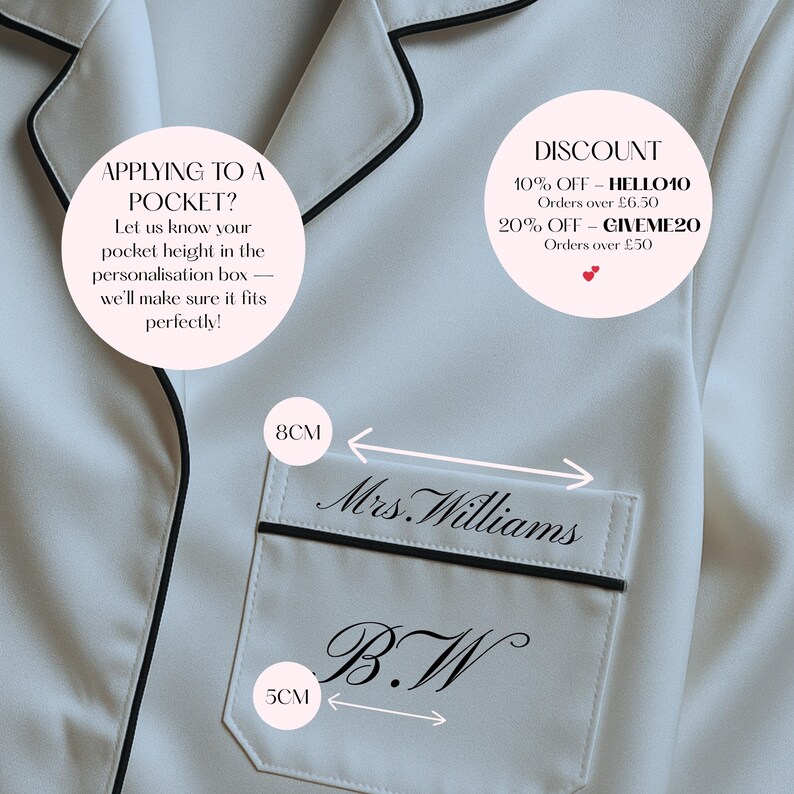 Personalised Iron on decal on satin wedding pyjamas/robe - iron on decal positioned on the pocket of the pyjamas and above. Discount code, and also details on how to order iron on decals for pyjama pockets.