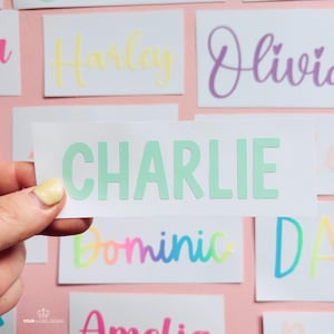 May include: A white rectangular sticker with the name "CHARLIE" in light green block letters is held in front of other name stickers. Other names include "Harley", "Olivia", "Dominic", "Amelia", and "DA". The background is light pink.