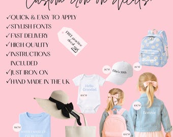 PERSONALISED IRON Vinyl Labels| Iron On Names| Fabric Stickers| Custom HTV Decals| Iron on Vinyl| Fabric Transfers |T-Shirt Transfers|