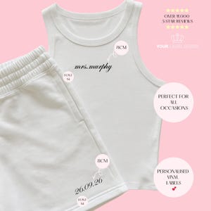 Personalised Iron on decal/sticker/transfer a white tank top and soft gym shorts. Married name and Iron on date.