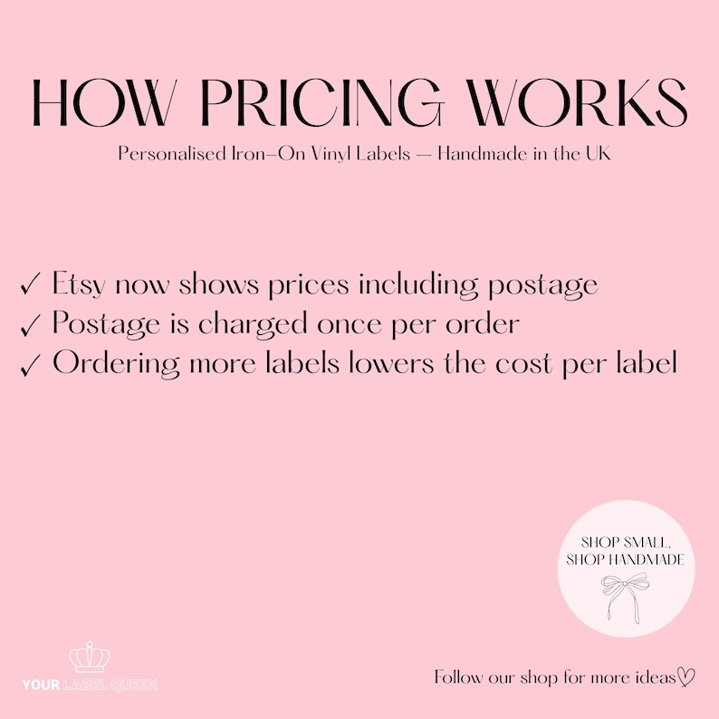 May include: A light pink informational graphic with black text titled HOW PRICING WORKS. It explains personalized iron-on vinyl labels, noting that Etsy prices include postage, postage is charged once per order, and bulk orders lower the cost per label.