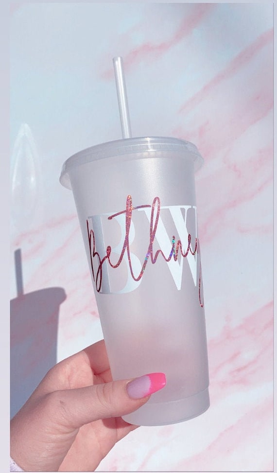 Personalised Name Iced Coffee Tumbler Cold Cup & Straw Reusable Travel Cup  24oz