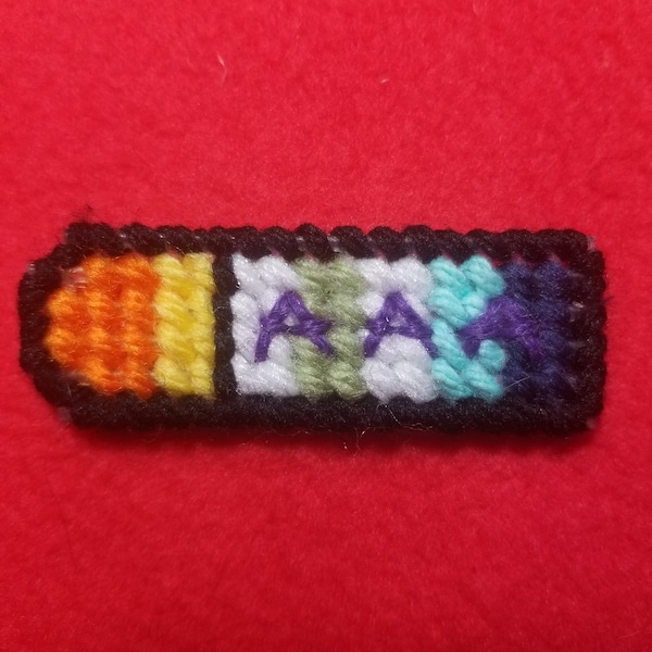 Asexual, Aromantic, Agender "Triple A" Battery Pin — Needlepointed, Handmade — Ace Aro AroAce AceAro Nonbinary Aspec Acespec Arospec Pun