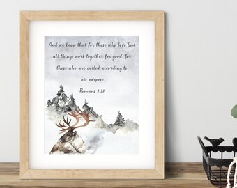 Nature Wall Art With Bible Verse Romans 8 28 | Elk | Printable |  Scripture Art | Wall Decor | Water Color|