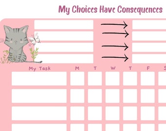 Printable Behavior Chart With Consequences and Rewards / Digital Chore Chart - Pink Cat