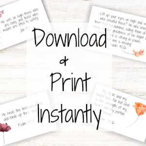 May include: Printable cards with inspirational quotes and floral illustrations. The cards feature verses from the Bible, including Job 5, Isaiah 40:26, Psalm 147:3, and Psalm 73:26. The cards are perfect for adding a touch of faith and beauty to your home or office.