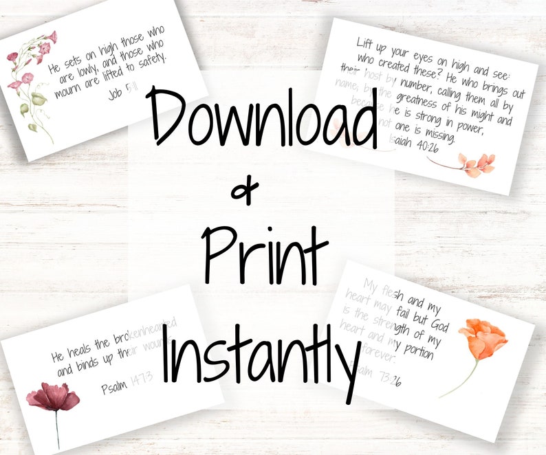 May include: Printable cards with inspirational quotes and floral illustrations. The cards feature verses from the Bible, including Job 5, Isaiah 40:26, Psalm 147:3, and Psalm 73:26. The cards are perfect for adding a touch of faith and beauty to your home or office.