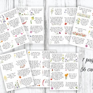 Fear and Anxiety Bible Verse Cards on a 7-page PDF with 8 cards on each page. 56 cards in total. Cards are on a piece of paper with lines between each card to show you were cut. Each card has scripture verse and beautiful watercolor wildflowers.