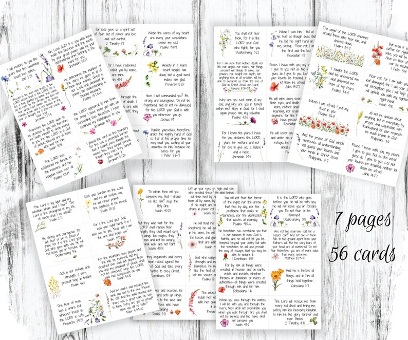 Fear and Anxiety Bible Verse Cards on a 7-page PDF with 8 cards on each page. 56 cards in total. Cards are on a piece of paper with lines between each card to show you were cut. Each card has scripture verse and beautiful watercolor wildflowers.