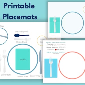 Printable placemats to teach kids how to set the table. One formal placemat and two informal placemats.