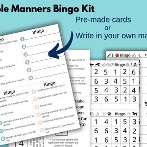 Table manners bingo game kit. Printable paper with Bingo game. An area where you may write in your own bingo table manners. Bingo game cards for dining etiquette and make your own dice.