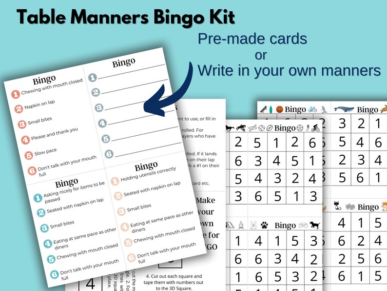 Table manners bingo game kit. Printable paper with Bingo game. An area where you may write in your own bingo table manners. Bingo game cards for dining etiquette and make your own dice.
