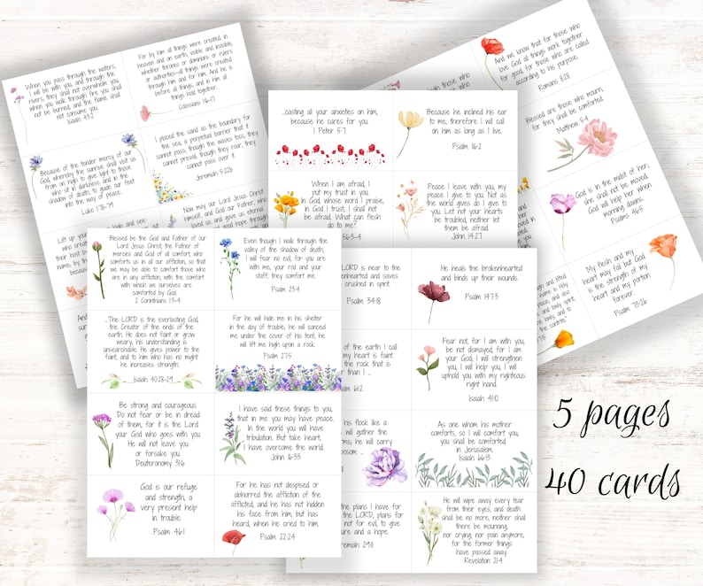 May include: A set of 40 inspirational cards featuring colorful floral designs and Bible verses. The cards are printed on white cardstock and have a matte finish.