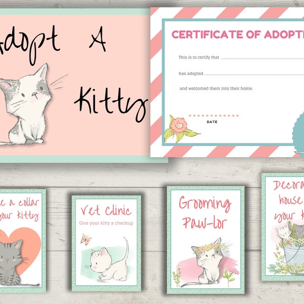 Kitten Adoption Certificate and Activity Signs | Printable Cat Party Game | Kitty Adoption