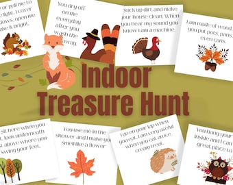 May include: An Indoor Treasure Hunt game set featuring eight white cards with black text riddles and autumn-themed illustrations including a fox, turkey, hedgehog, owl, leaves, and acorns. The title Indoor Treasure Hunt is centered in large brown text.
