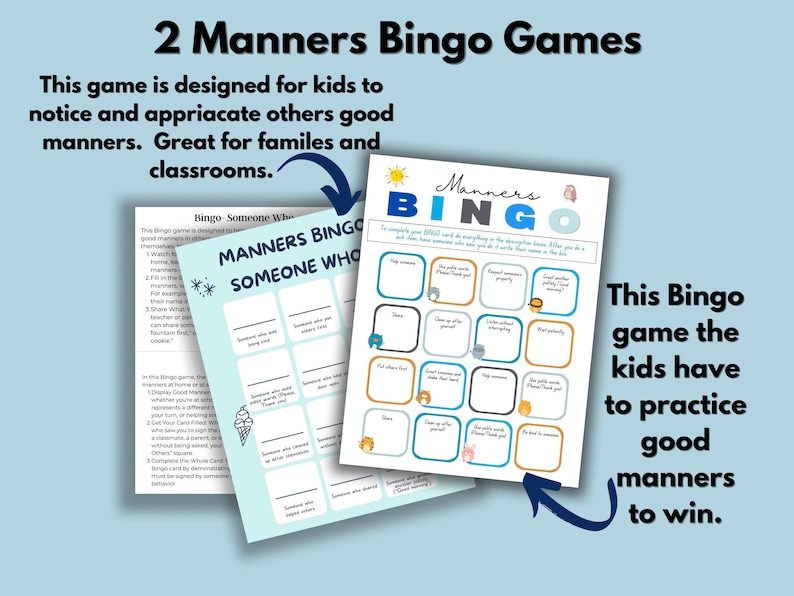 2 Manners Bingo games. Colorful bingo card with Animals, ice cream cones, sun, owl and other decorations.
