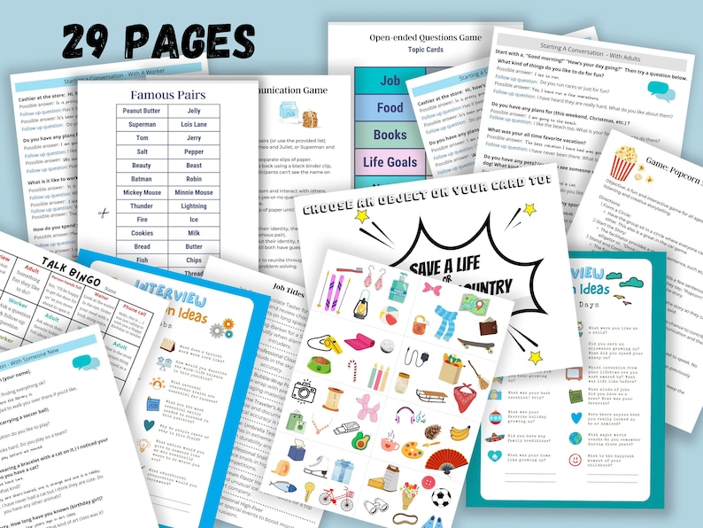 Op de afbeelding: Een verzameling van 29 afdrukbare pagina's met verschillende spellen en activiteiten voor volwassenen en kinderen. De pagina's zijn kleurrijk ontworpen en bevatten onderwerpen zoals communicatie, functies, eten, boeken, levensdoelen en meer.