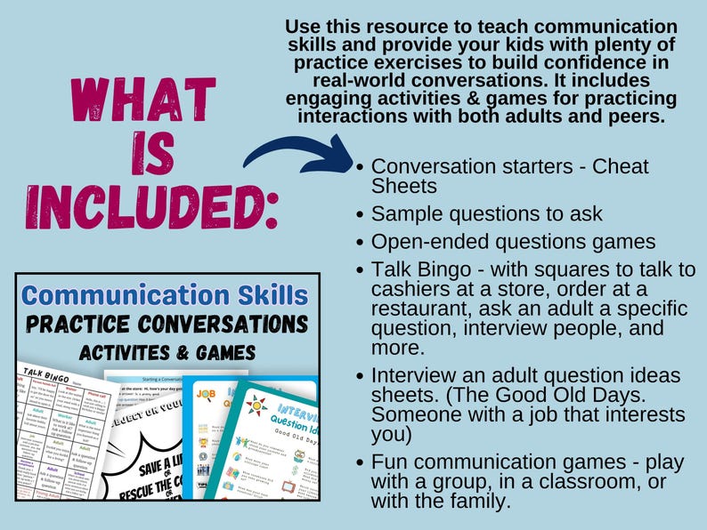 Op de afbeelding: Een blauwe en witte afbeelding met de tekst "WHAT IS INCLUDED:" en "Communication Skills PRACTICE CONVERSATIONS ACTIVITES & GAMES". De afbeelding bevat een lijst met gespreksstarters, voorbeeldvragen, open vragenspellen, talk bingo, interview-idee&euml;n voor volwassenen, vragenlijsten en leuke communicatiespellen.