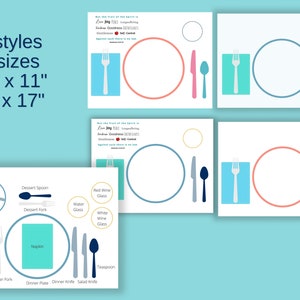 Informal and formal place settings placemats to teach kids to set the table. 8.5" x11" 11"x17"